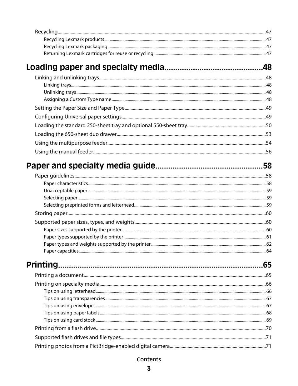 Loading paper and specialty media, Paper and specialty media guide, Printing | Lexmark 382 User Manual | Page 3 / 258