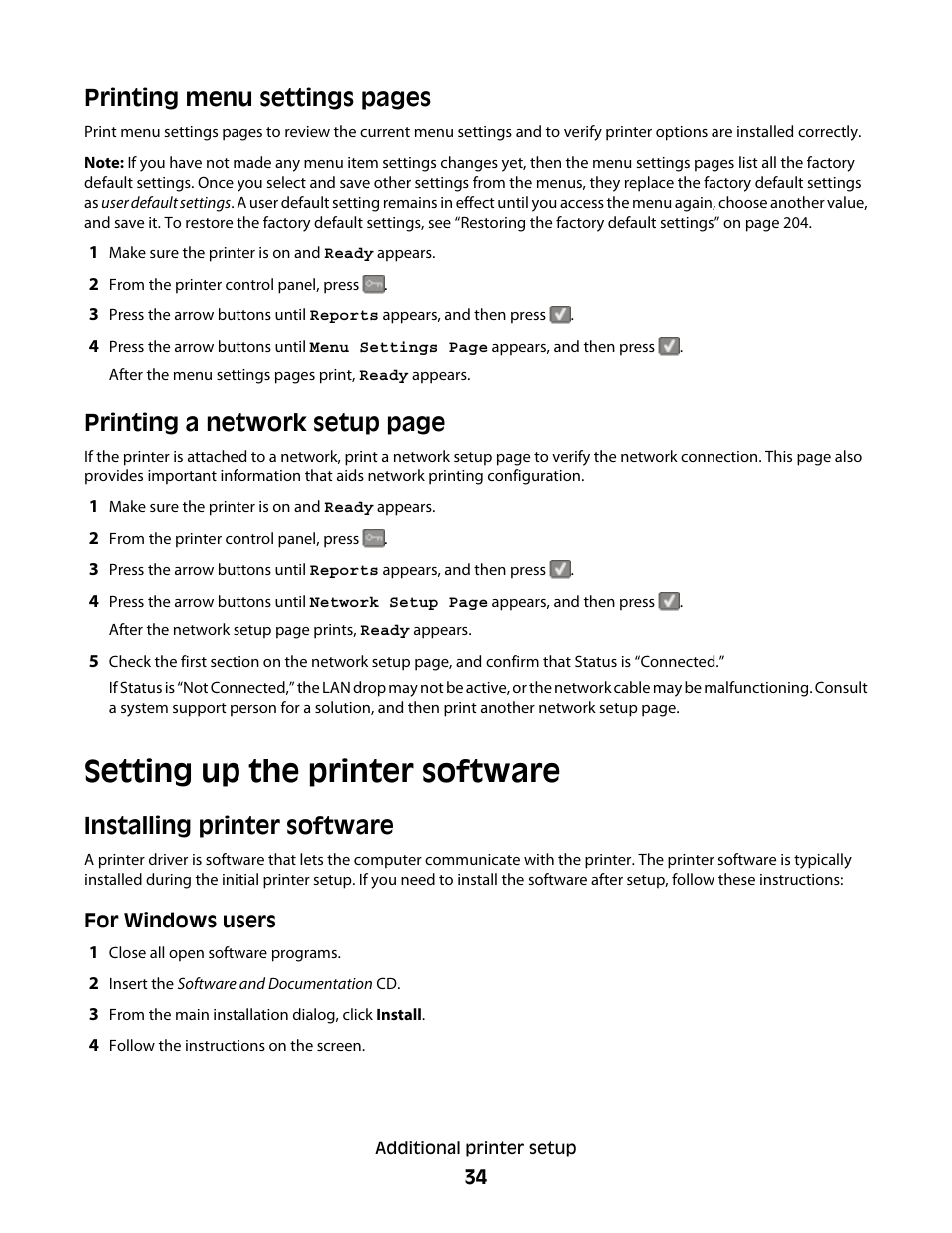 Setting up the printer software, Installing printer software, Printing menu settings pages | Printing a network setup page | Lexmark 382 User Manual | Page 34 / 258