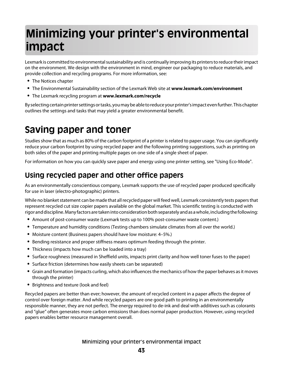 Minimizing your printer's environmental impact, Saving paper and toner, Using recycled paper and other office papers | Lexmark 382 User Manual | Page 43 / 258