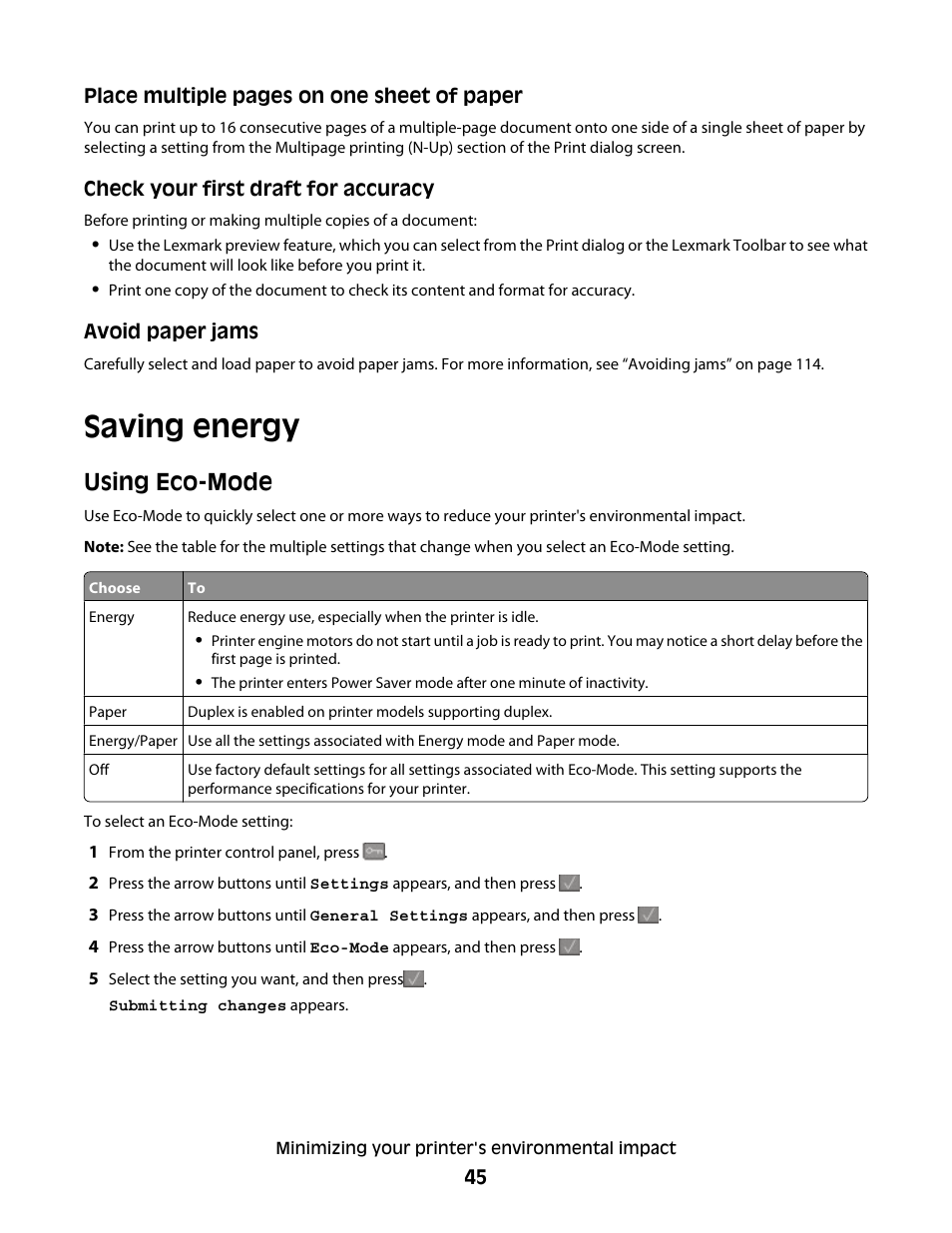 Saving energy, Using eco-mode | Lexmark 382 User Manual | Page 45 / 258