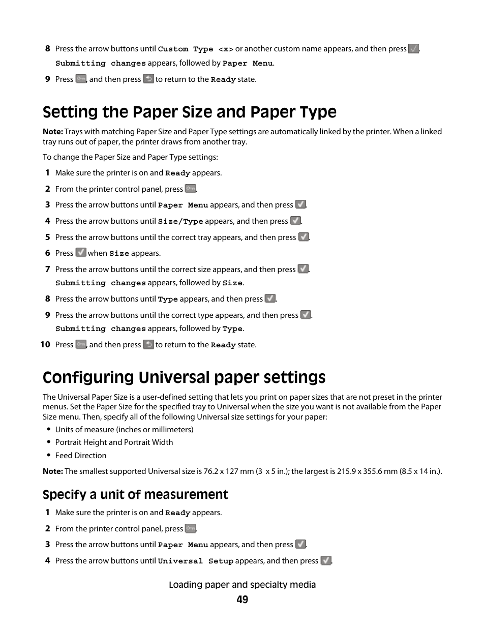 Setting the paper size and paper type, Configuring universal paper settings, Specify a unit of measurement | Lexmark 382 User Manual | Page 49 / 258