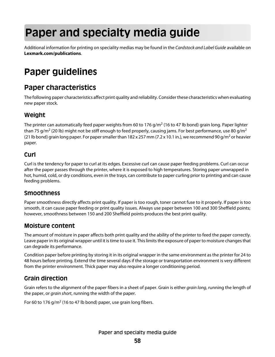 Paper and specialty media guide, Paper guidelines, Paper characteristics | Lexmark 382 User Manual | Page 58 / 258