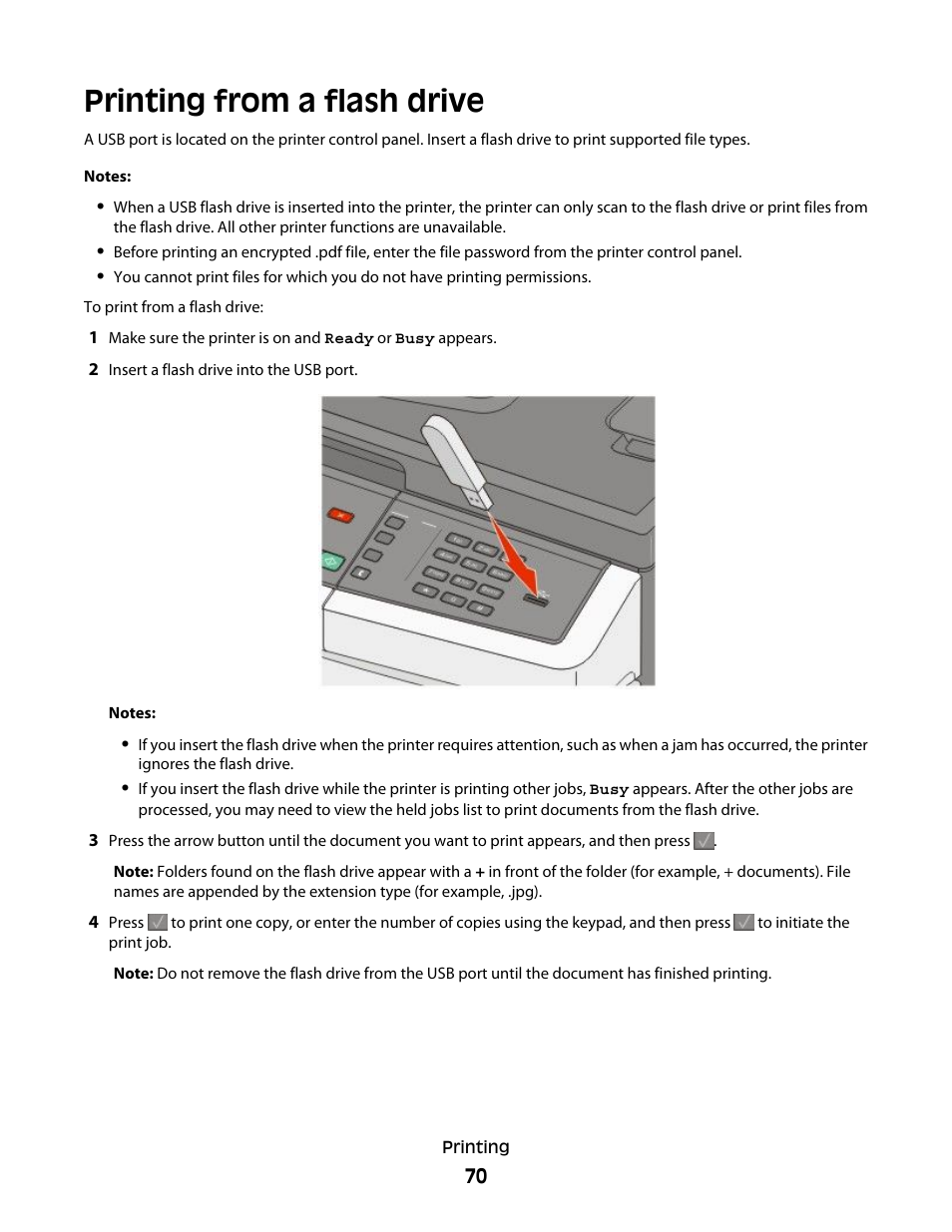 Printing from a flash drive | Lexmark 382 User Manual | Page 70 / 258