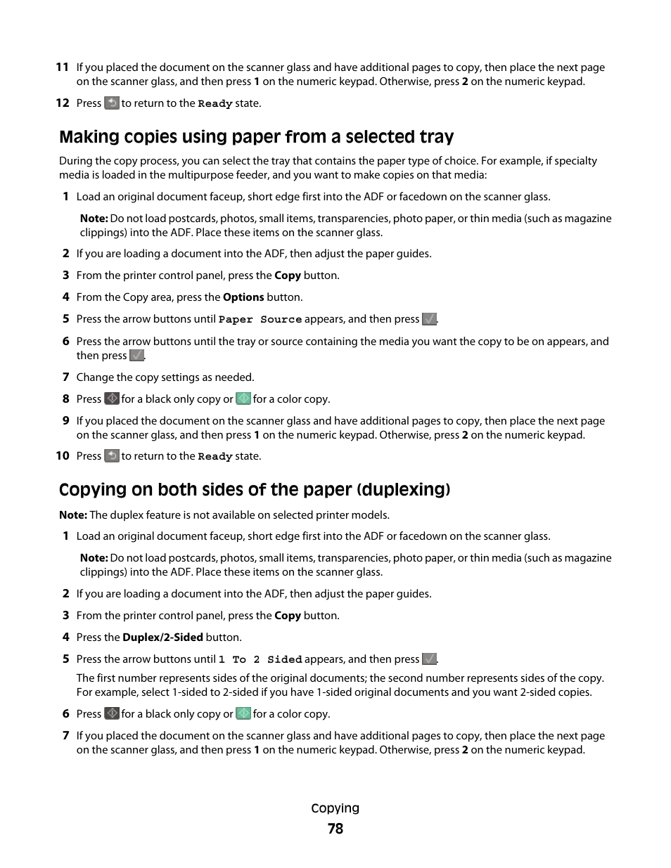 Making copies using paper from a selected tray, Copying on both sides of the paper (duplexing) | Lexmark 382 User Manual | Page 78 / 258