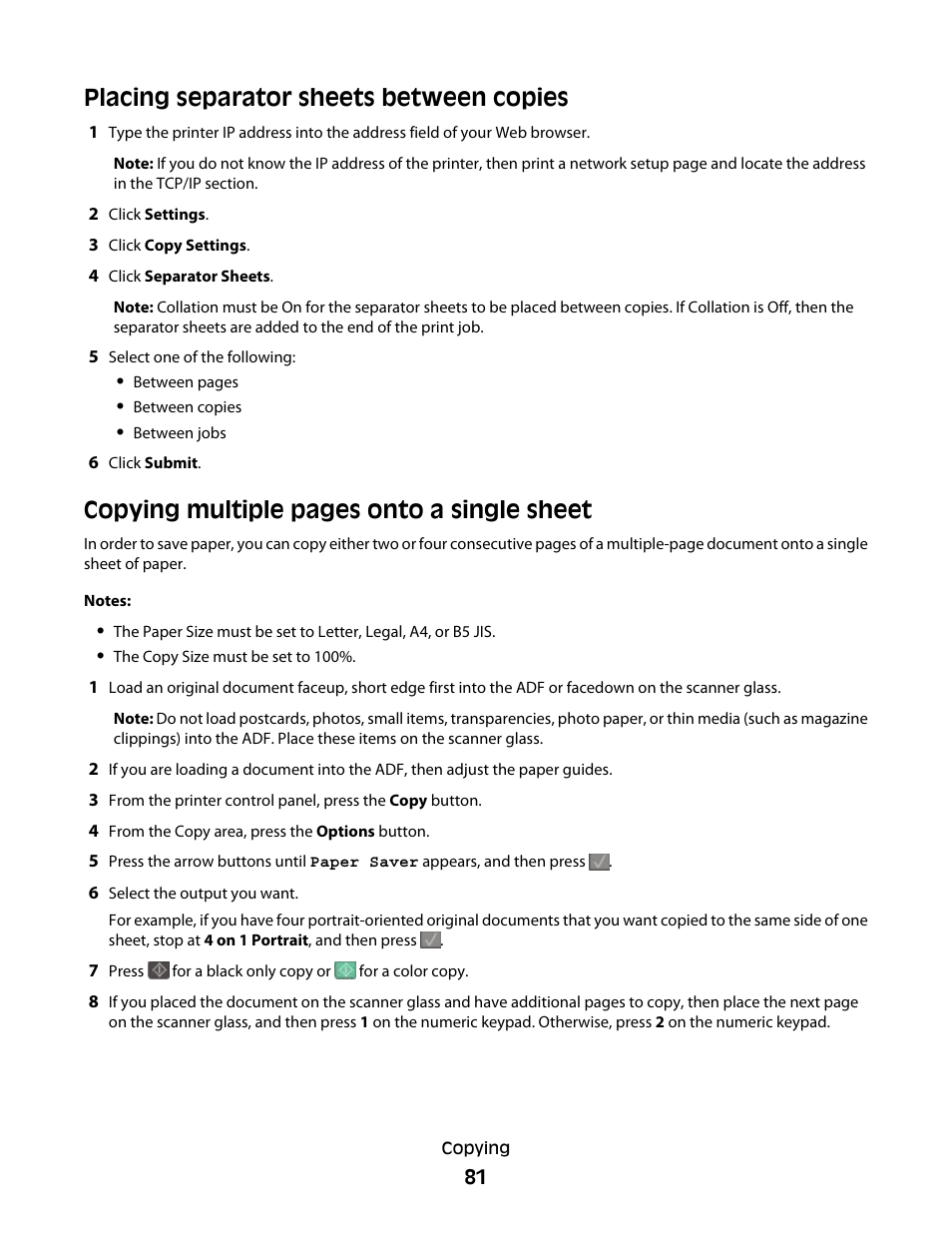 Placing separator sheets between copies, Copying multiple pages onto a single sheet | Lexmark 382 User Manual | Page 81 / 258