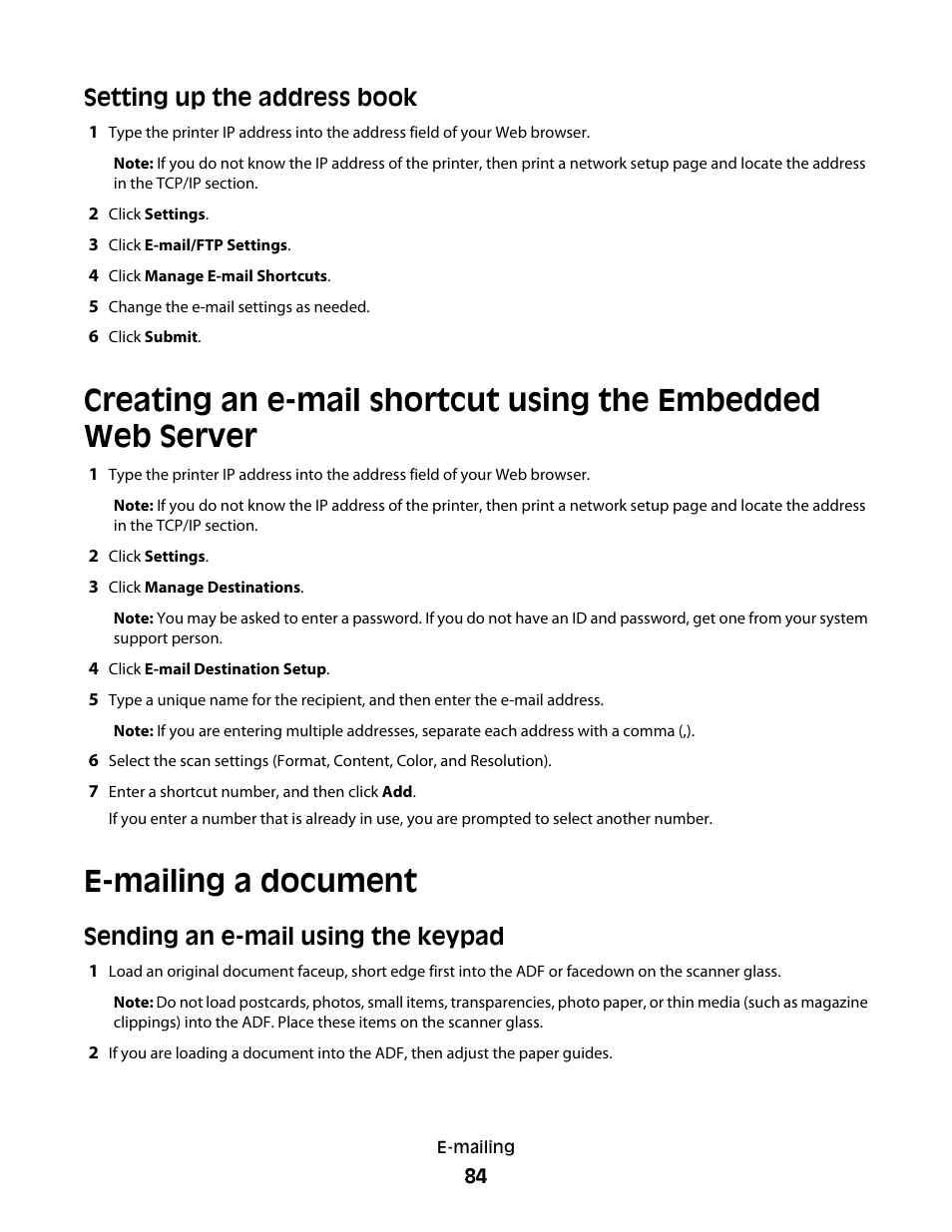 Setting up the address book, E-mailing a document, Sending an e-mail using the keypad | Lexmark 382 User Manual | Page 84 / 258