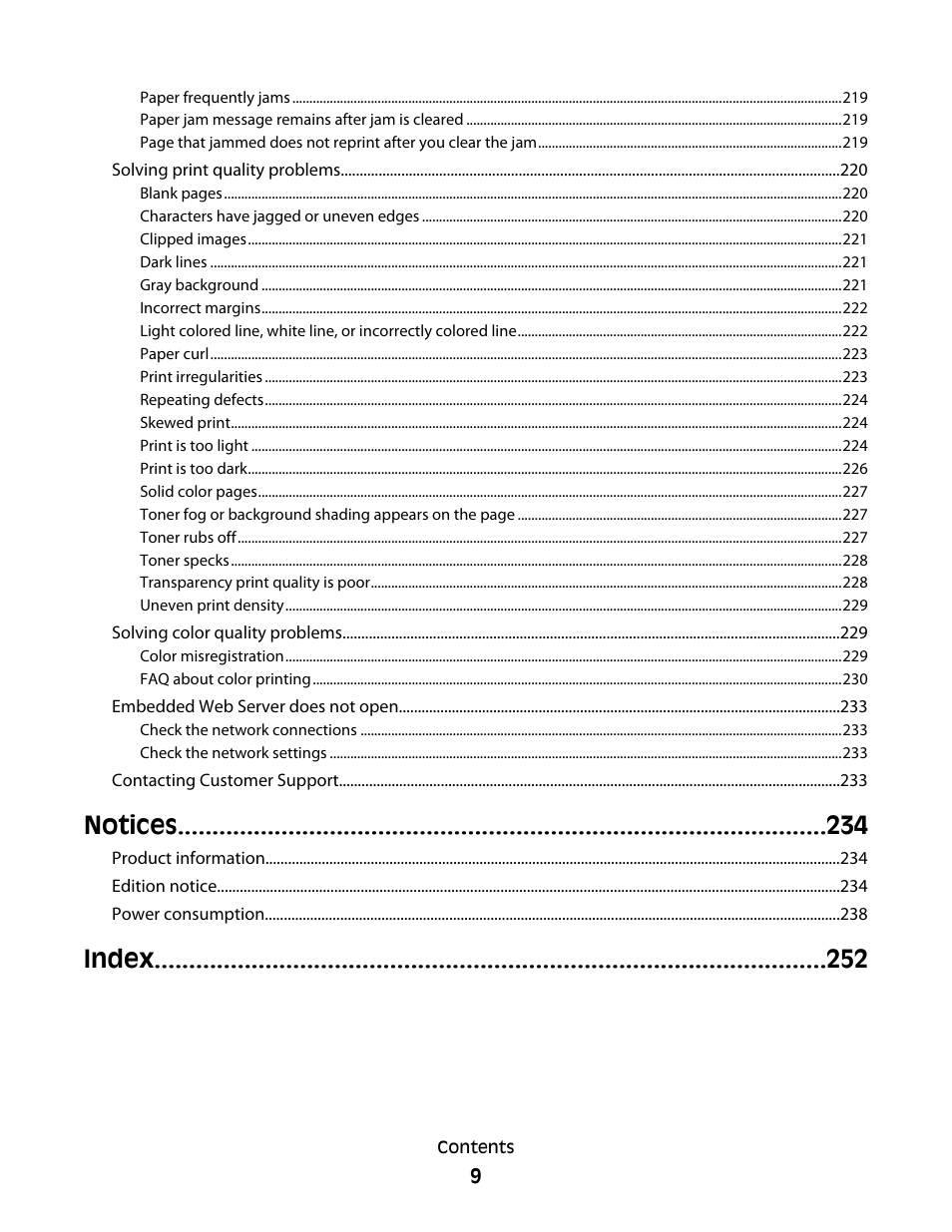 Notices, Index | Lexmark 382 User Manual | Page 9 / 258