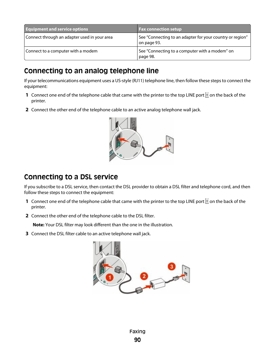 Connecting to an analog telephone line, Connecting to a dsl service, See “connecting to an analog telephone line” on | Lexmark 382 User Manual | Page 90 / 258