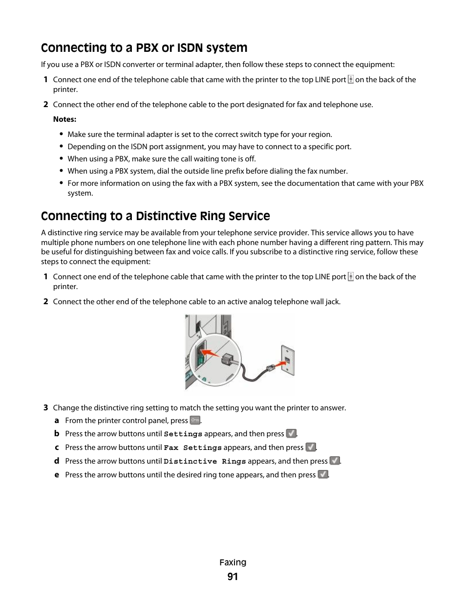 Connecting to a pbx or isdn system, Connecting to a distinctive ring service, See “connecting to a distinctive ring service” on | Lexmark 382 User Manual | Page 91 / 258