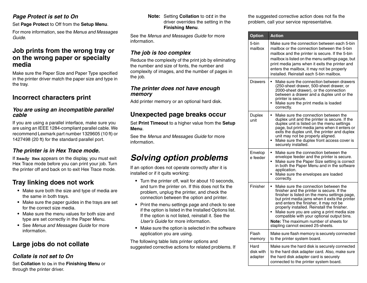 Solving option problems, Incorrect characters print, Tray linking does not work | Large jobs do not collate, Unexpected page breaks occur | Lexmark T64x User Manual | Page 2 / 6