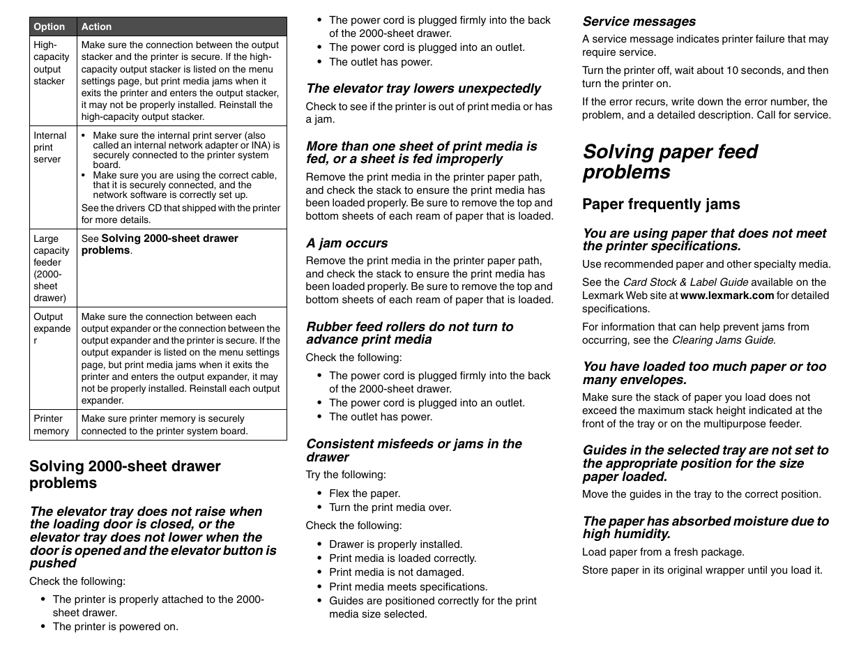 Solving paper feed problems, Solving 2000-sheet drawer problems, Paper frequently jams | Lexmark T64x User Manual | Page 3 / 6