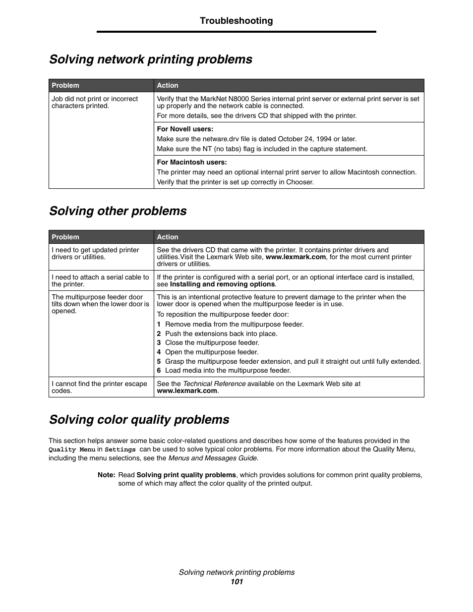 Solving network printing problems, Solving other problems, Solving color quality problems | Lexmark C522 User Manual | Page 101 / 146