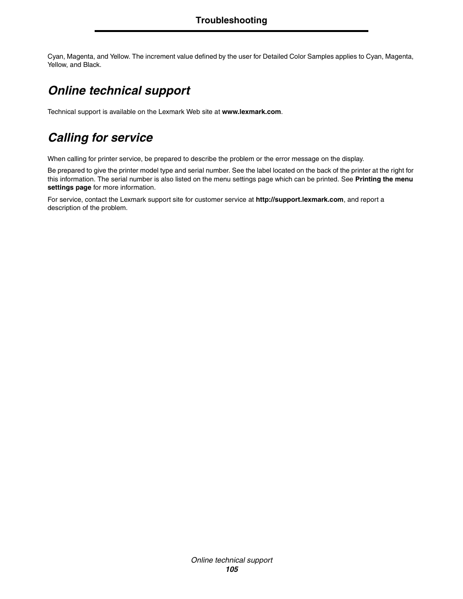 Online technical support, Calling for service | Lexmark C522 User Manual | Page 105 / 146
