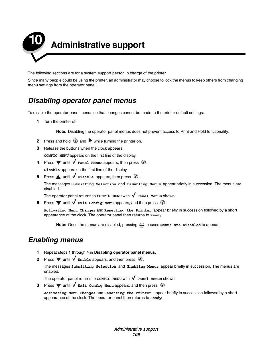 Administrative support, Disabling operator panel menus, Enabling menus | Chapter 10: administrative support | Lexmark C522 User Manual | Page 106 / 146