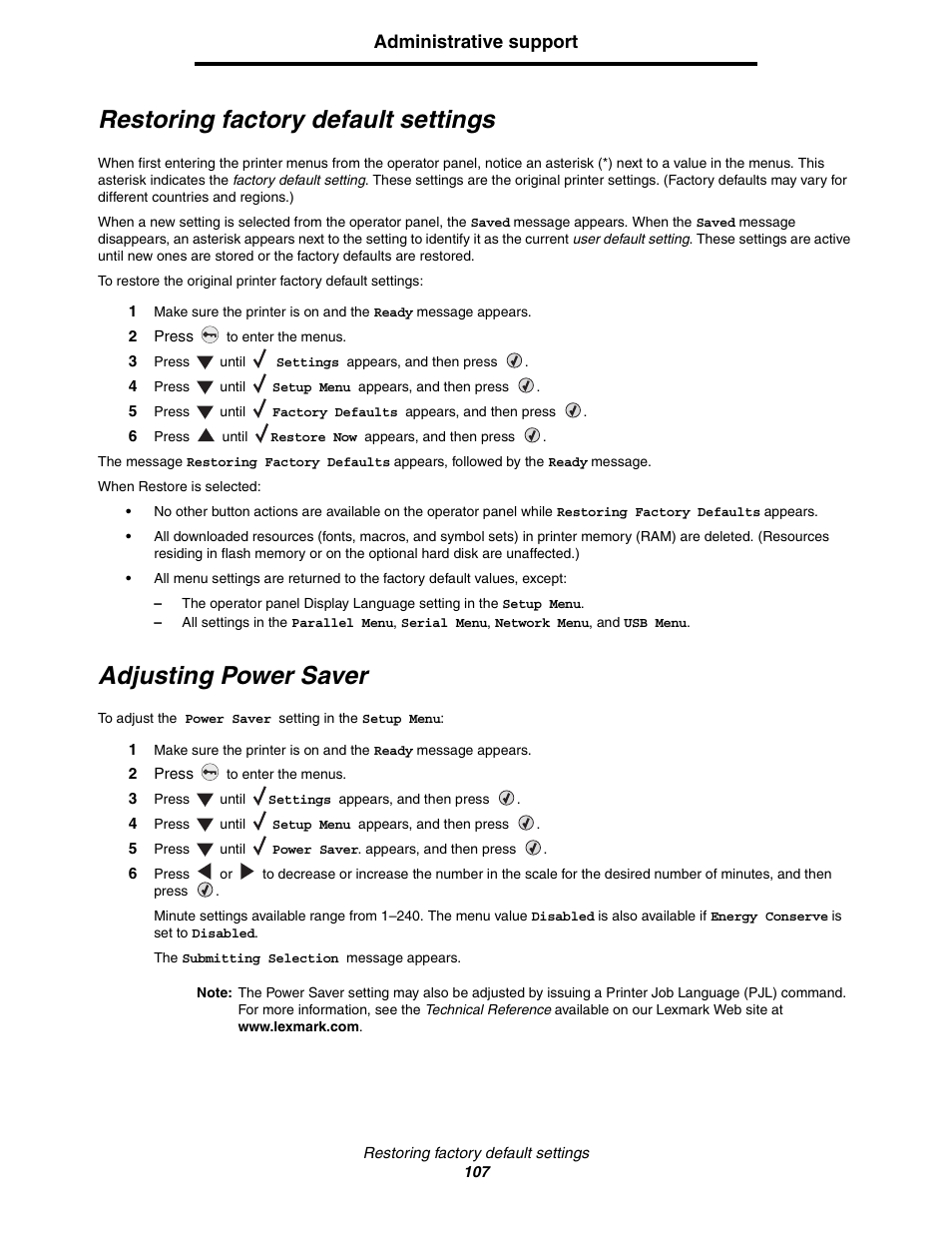 Restoring factory default settings, Adjusting power saver, Administrative support | Lexmark C522 User Manual | Page 107 / 146