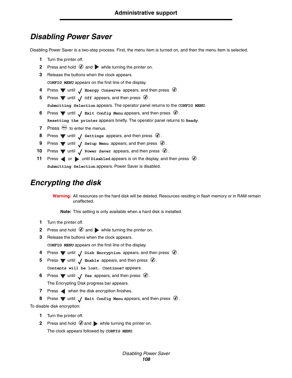 Disabling power saver, Encrypting the disk, Administrative support | Lexmark C522 User Manual | Page 108 / 146