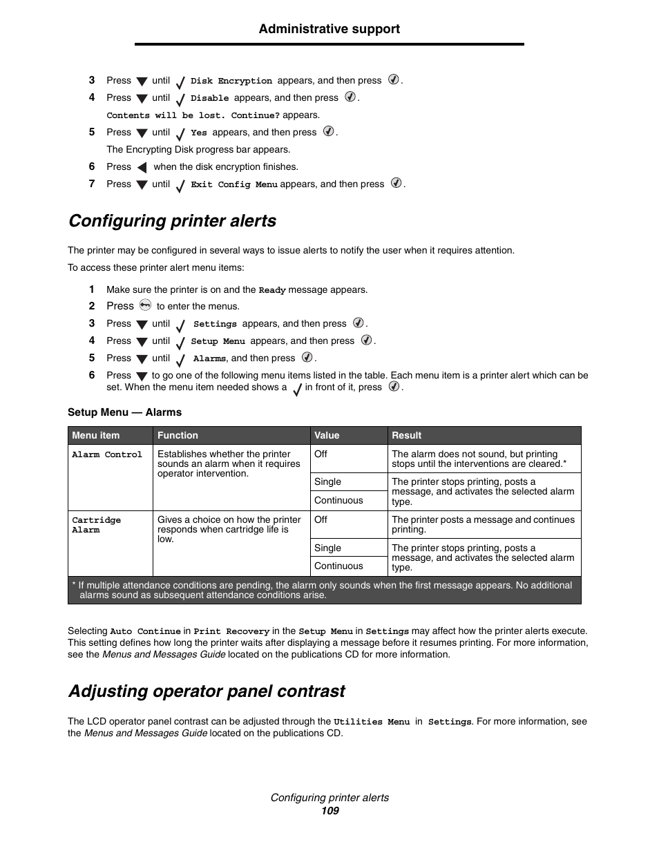 Configuring printer alerts, Adjusting operator panel contrast, Administrative support | Lexmark C522 User Manual | Page 109 / 146