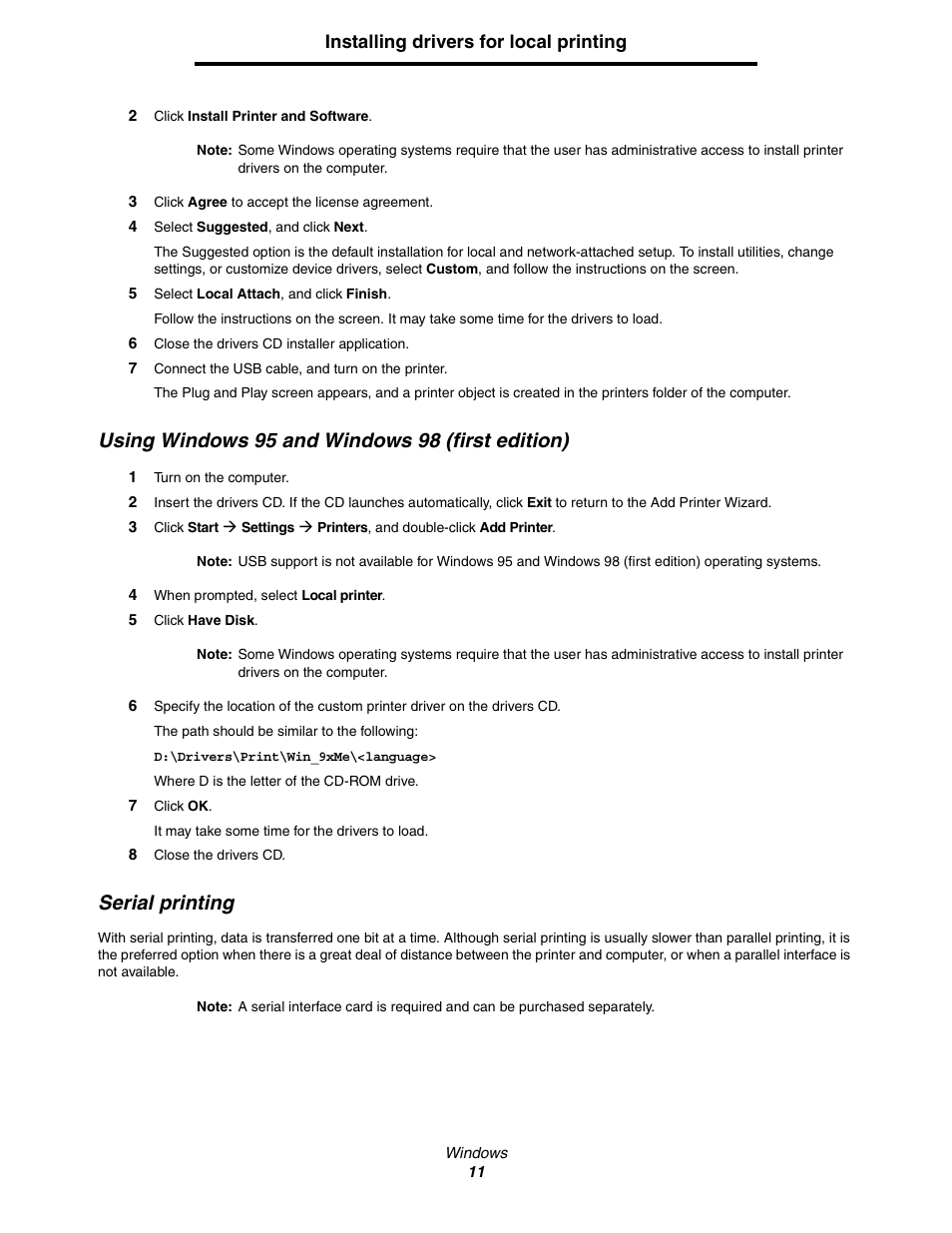 Using windows 95 and windows 98 (first edition), Serial printing | Lexmark C522 User Manual | Page 11 / 146