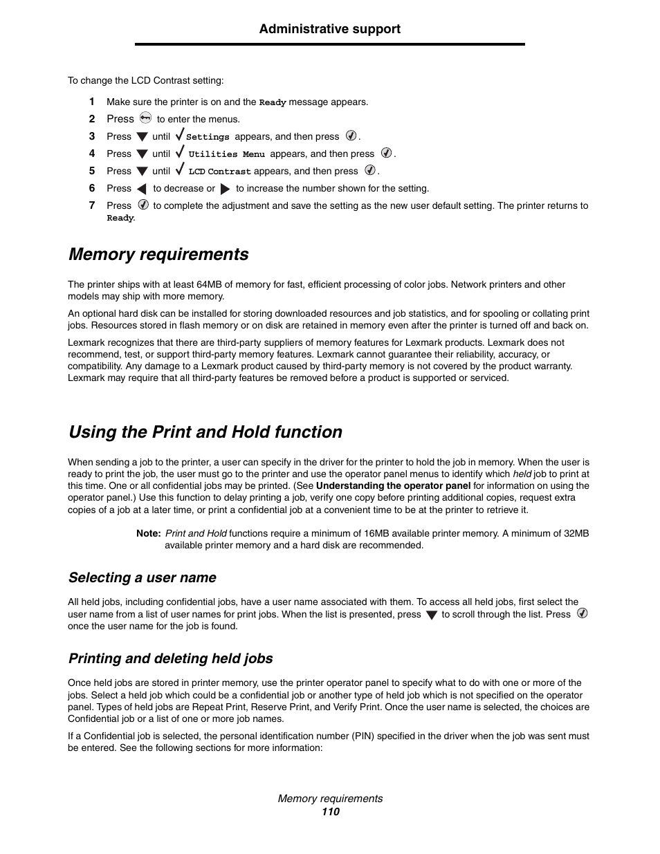 Memory requirements, Using the print and hold function, Selecting a user name | Printing and deleting held jobs | Lexmark C522 User Manual | Page 110 / 146
