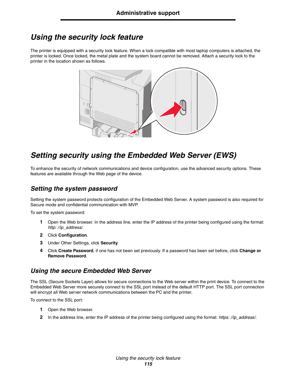 Using the security lock feature, Setting the system password, Using the secure embedded web server | Lexmark C522 User Manual | Page 115 / 146