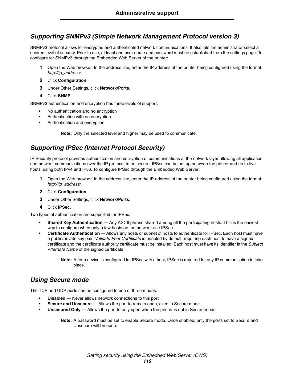 Supporting ipsec (internet protocol security), Using secure mode | Lexmark C522 User Manual | Page 116 / 146