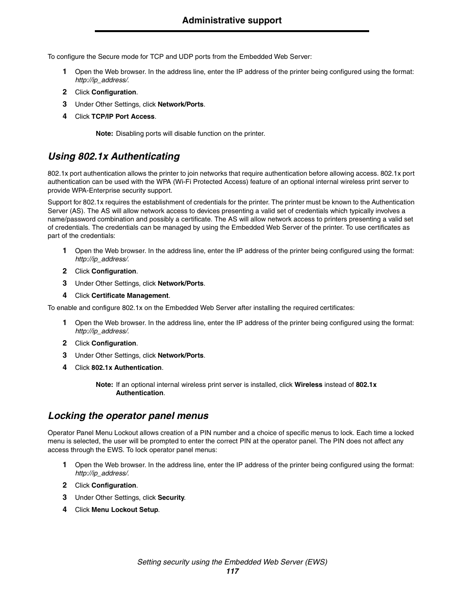 Using 802.1x authenticating, Locking the operator panel menus | Lexmark C522 User Manual | Page 117 / 146
