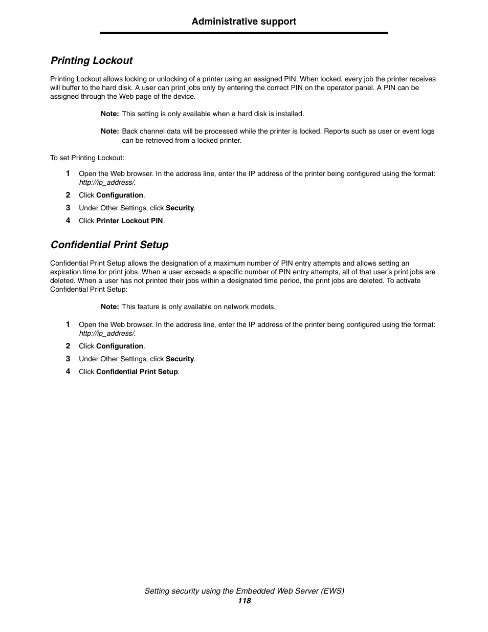 Printing lockout, Confidential print setup, Printing lockout confidential print setup | Lexmark C522 User Manual | Page 118 / 146
