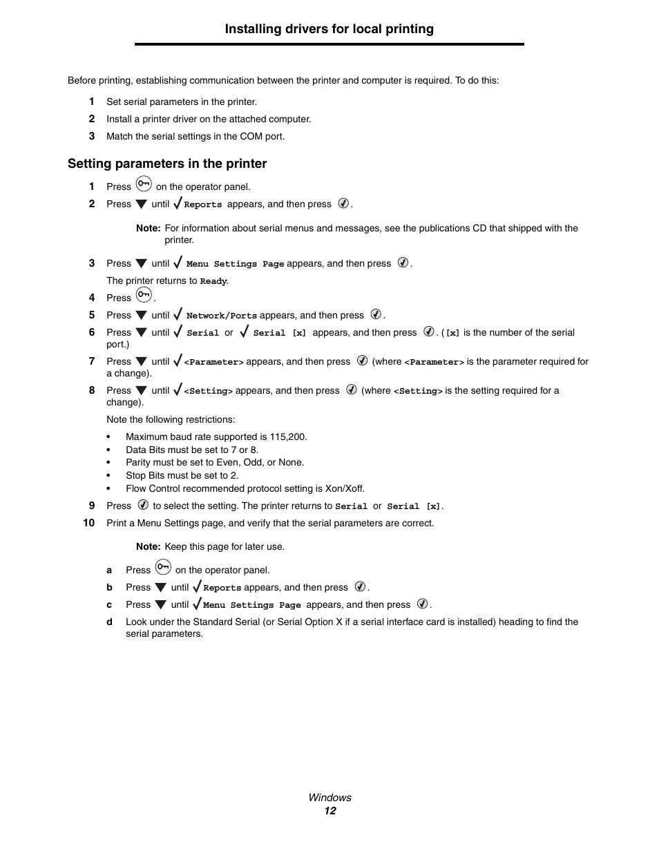 Installing drivers for local printing, Setting parameters in the printer | Lexmark C522 User Manual | Page 12 / 146