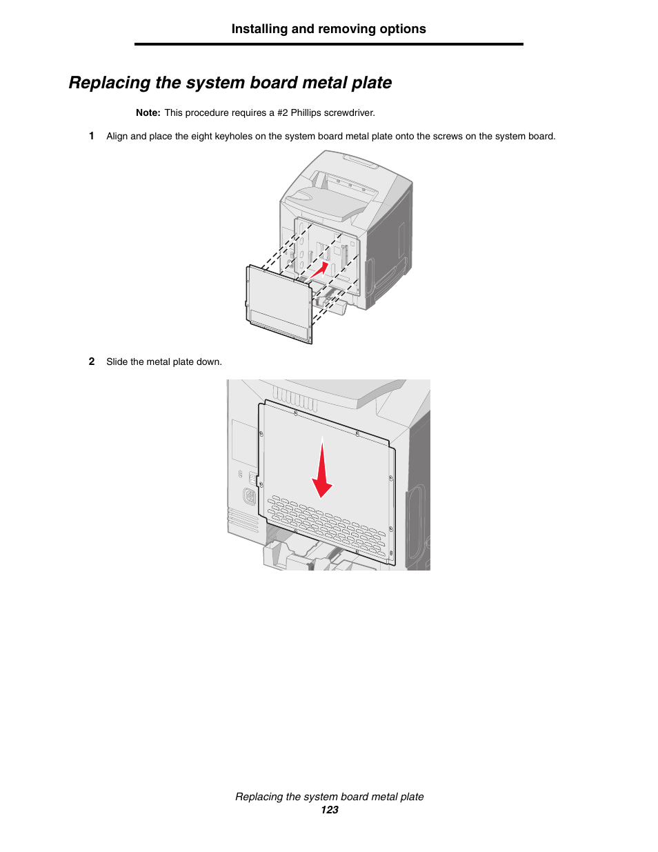 Replacing the system board metal plate | Lexmark C522 User Manual | Page 123 / 146