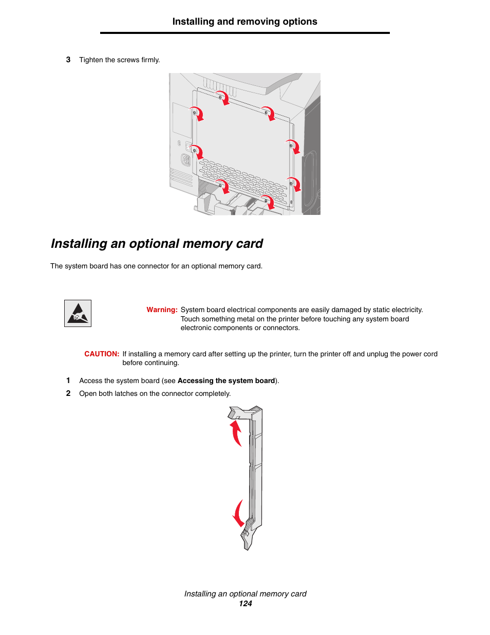 Installing an optional memory card | Lexmark C522 User Manual | Page 124 / 146