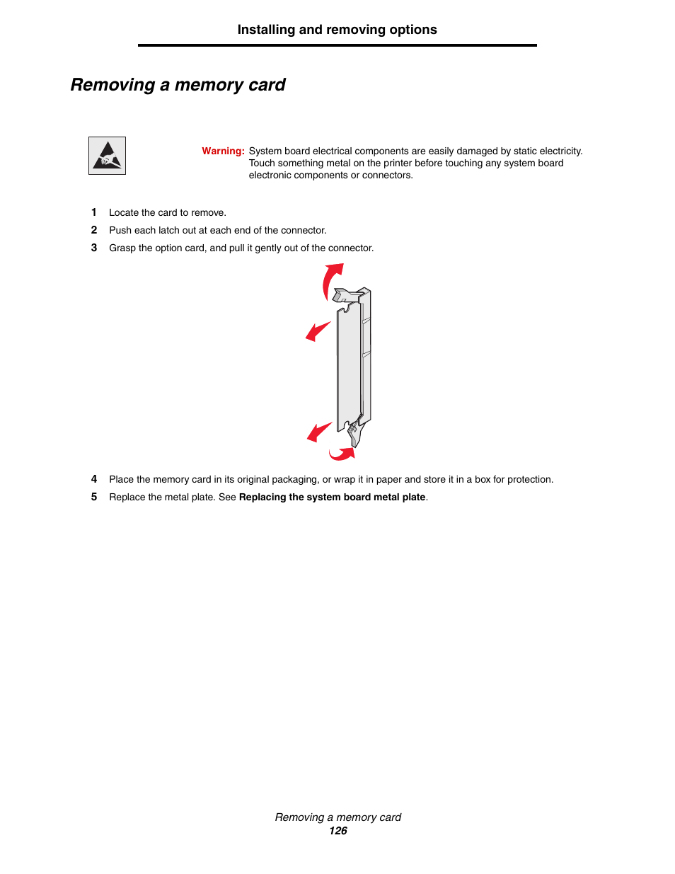 Removing a memory card | Lexmark C522 User Manual | Page 126 / 146