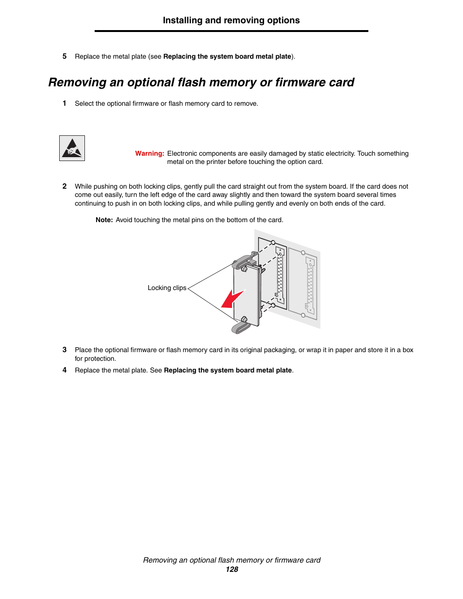 Removing an optional flash memory or firmware card | Lexmark C522 User Manual | Page 128 / 146