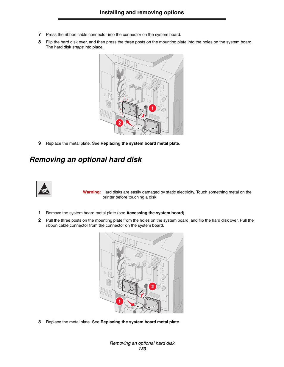 Removing an optional hard disk | Lexmark C522 User Manual | Page 130 / 146
