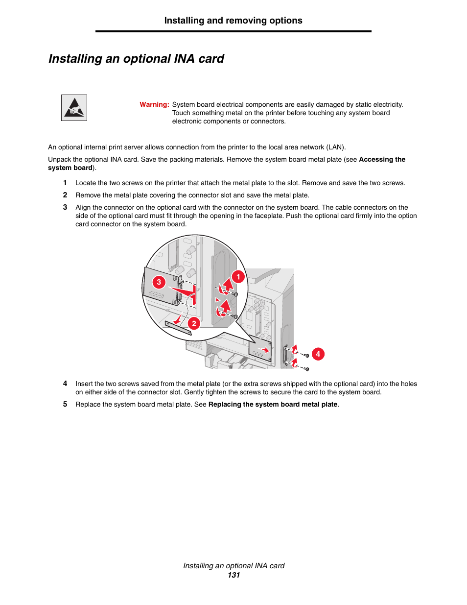 Installing an optional ina card | Lexmark C522 User Manual | Page 131 / 146