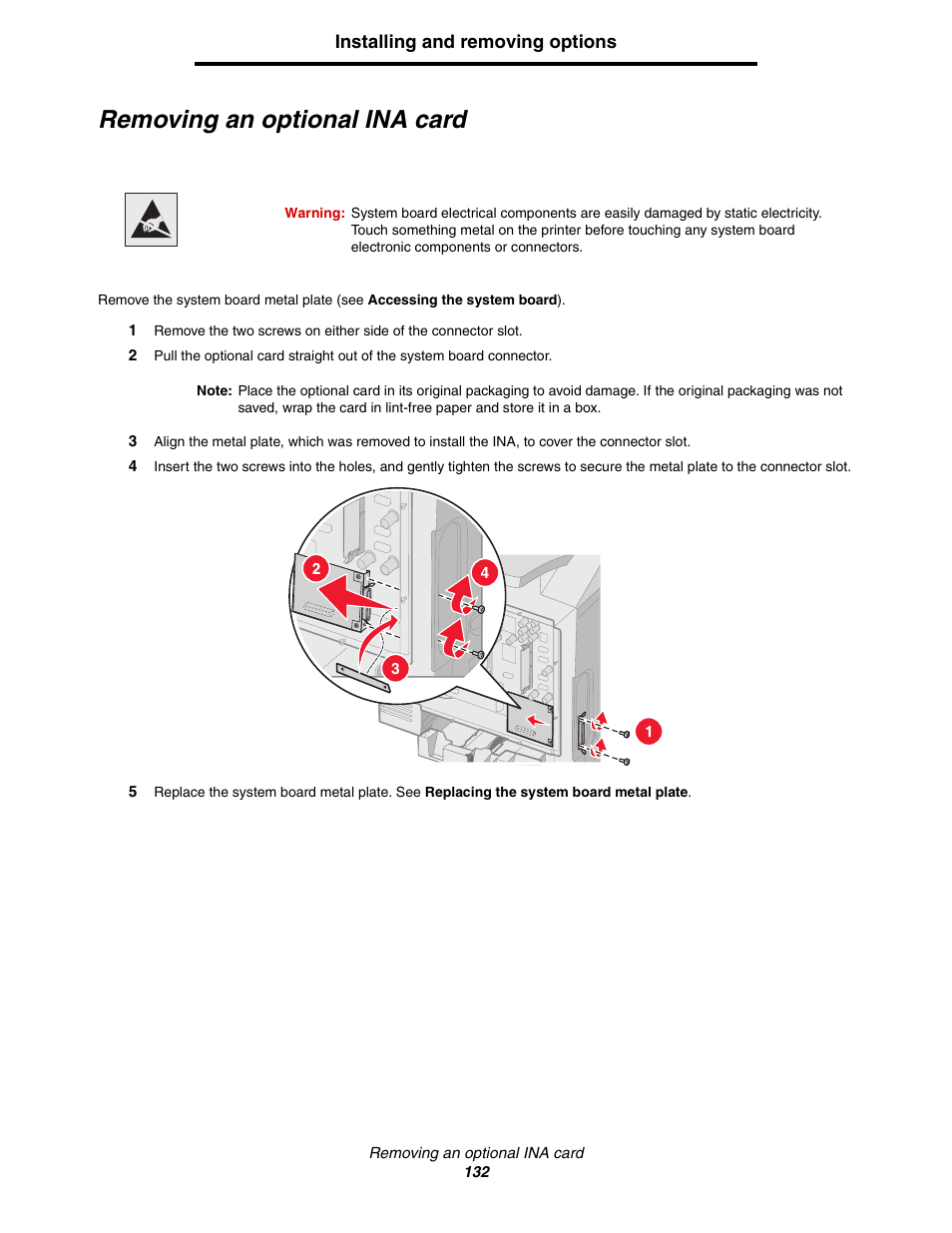 Removing an optional ina card | Lexmark C522 User Manual | Page 132 / 146