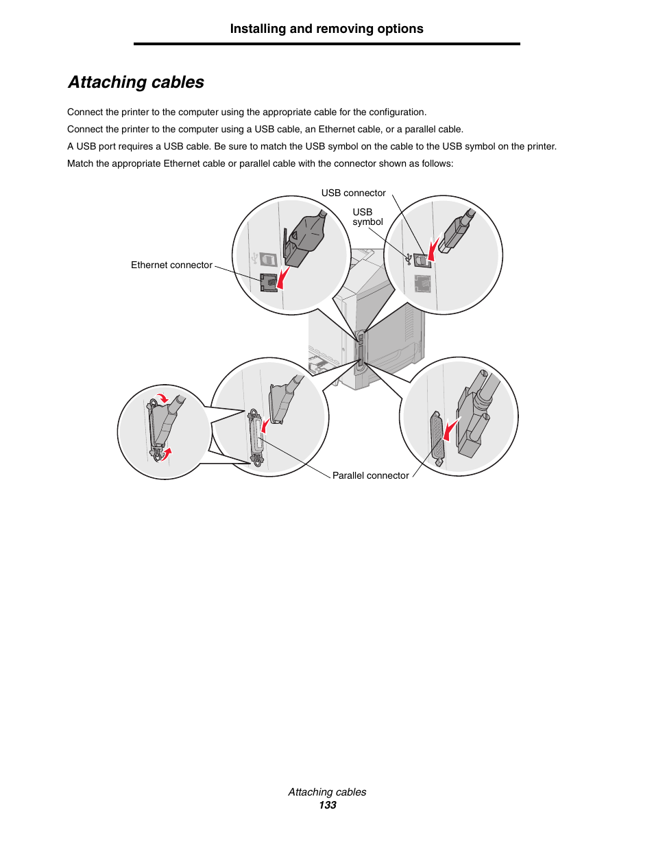 Attaching cables | Lexmark C522 User Manual | Page 133 / 146