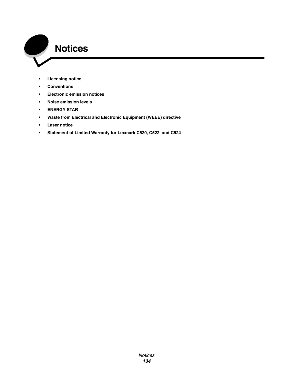Notices | Lexmark C522 User Manual | Page 134 / 146