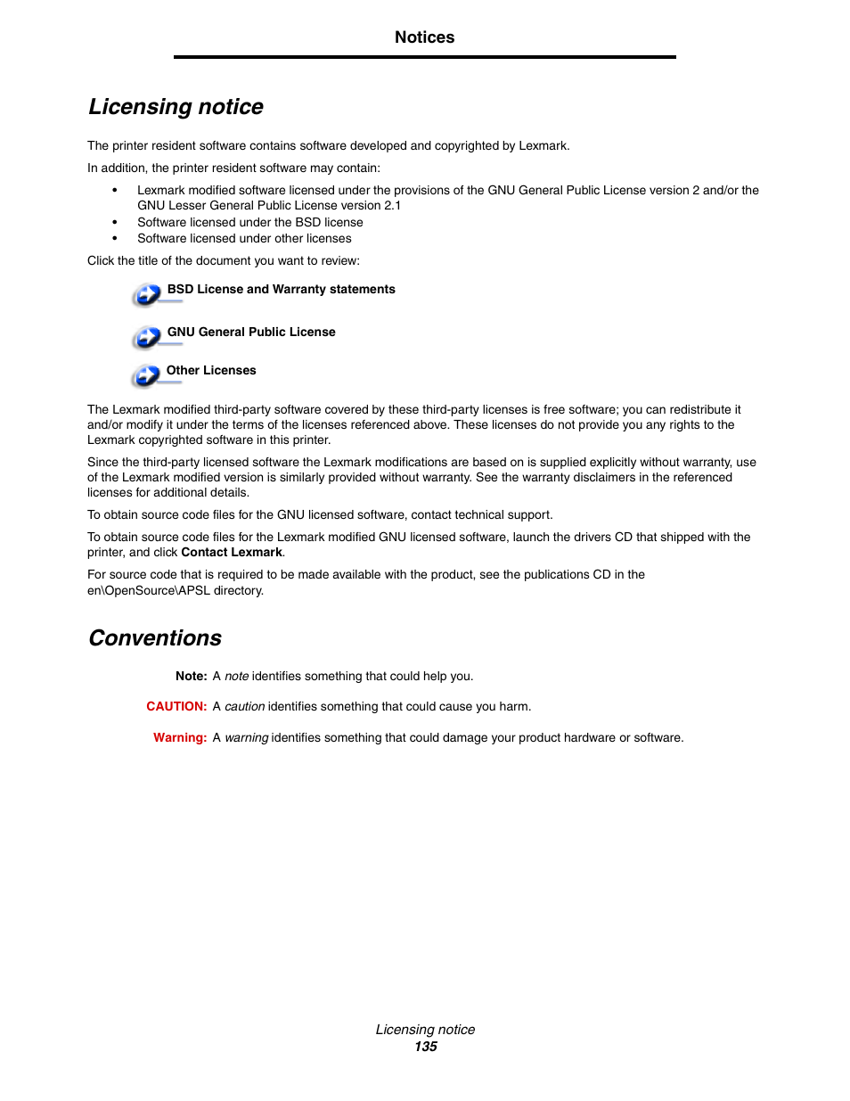 Licensing notice, Conventions | Lexmark C522 User Manual | Page 135 / 146
