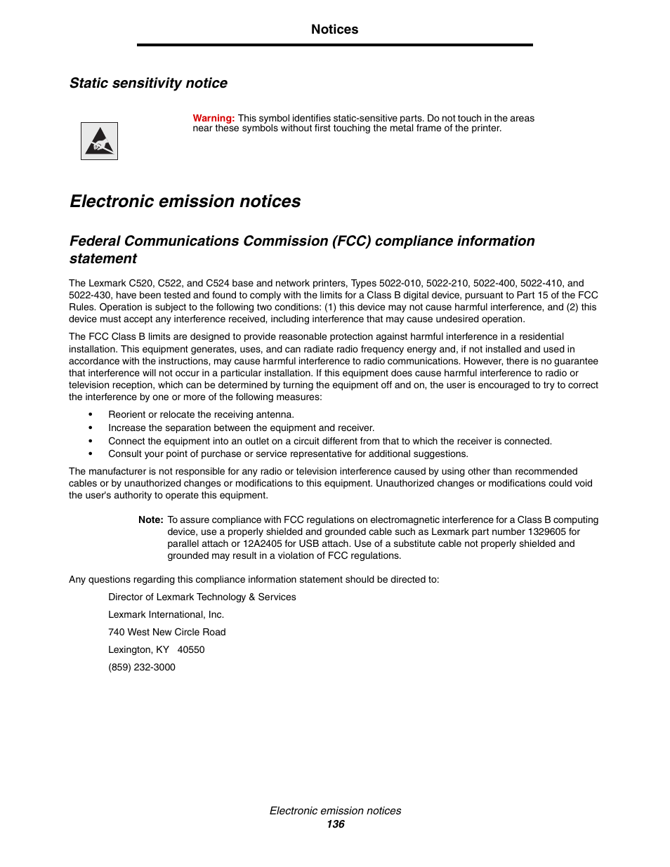 Static sensitivity notice, Electronic emission notices | Lexmark C522 User Manual | Page 136 / 146