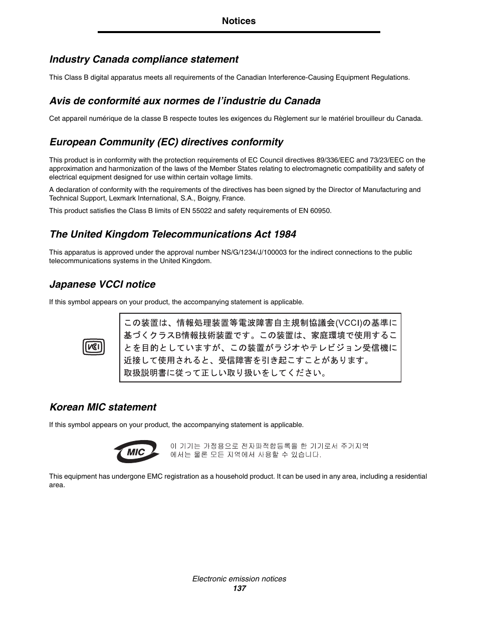 Industry canada compliance statement, European community (ec) directives conformity, The united kingdom telecommunications act 1984 | Japanese vcci notice, Korean mic statement | Lexmark C522 User Manual | Page 137 / 146