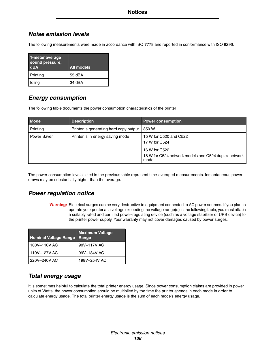 Noise emission levels, Energy consumption, Power regulation notice | Total energy usage | Lexmark C522 User Manual | Page 138 / 146