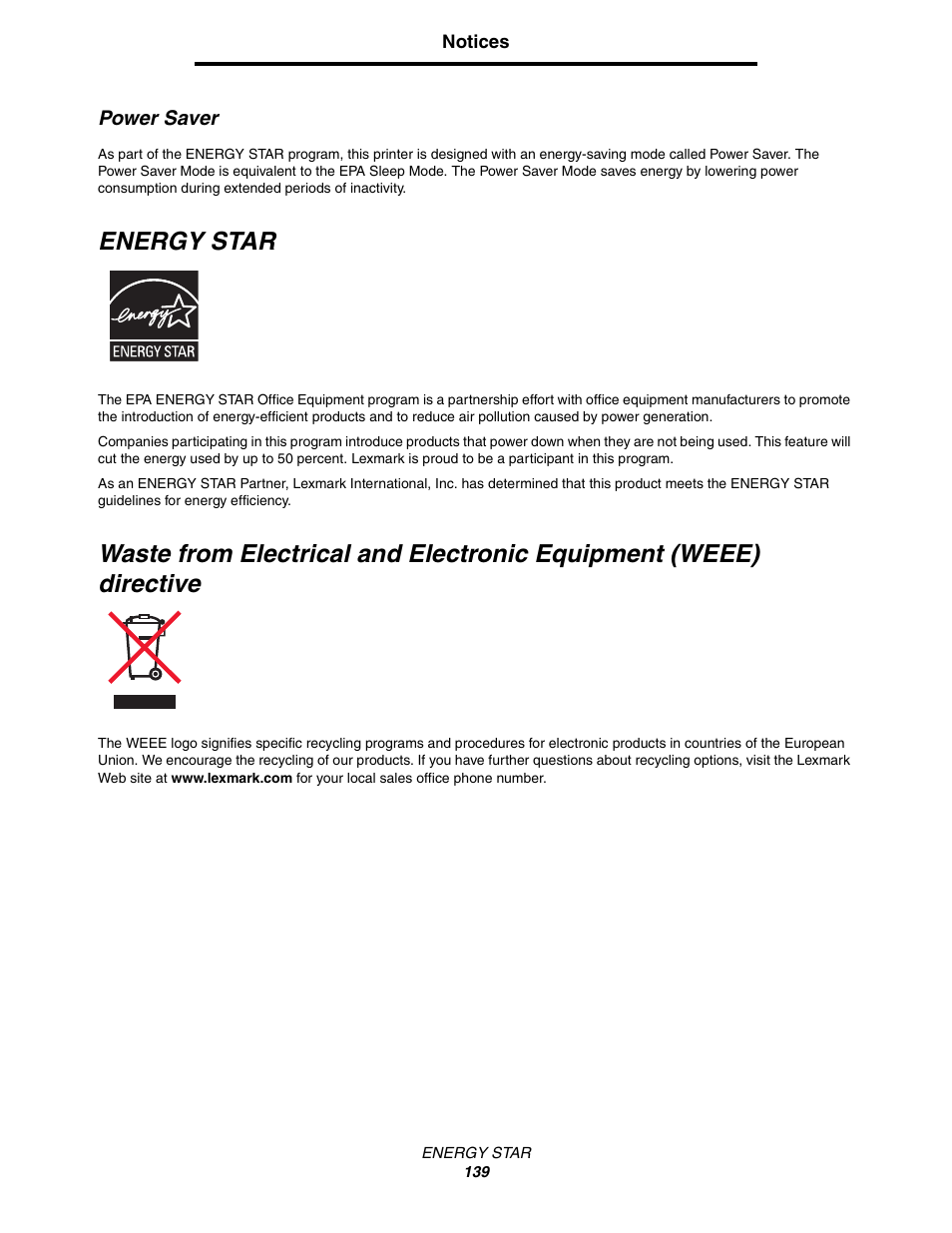 Power saver, Energy star | Lexmark C522 User Manual | Page 139 / 146