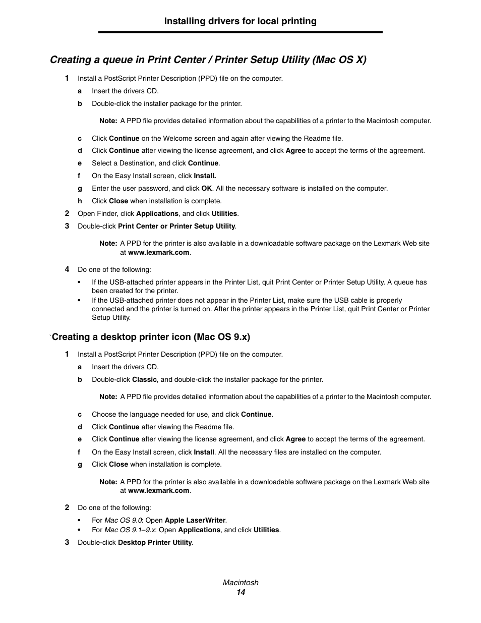 Installing drivers for local printing, Creating a desktop printer icon (mac os 9.x) | Lexmark C522 User Manual | Page 14 / 146