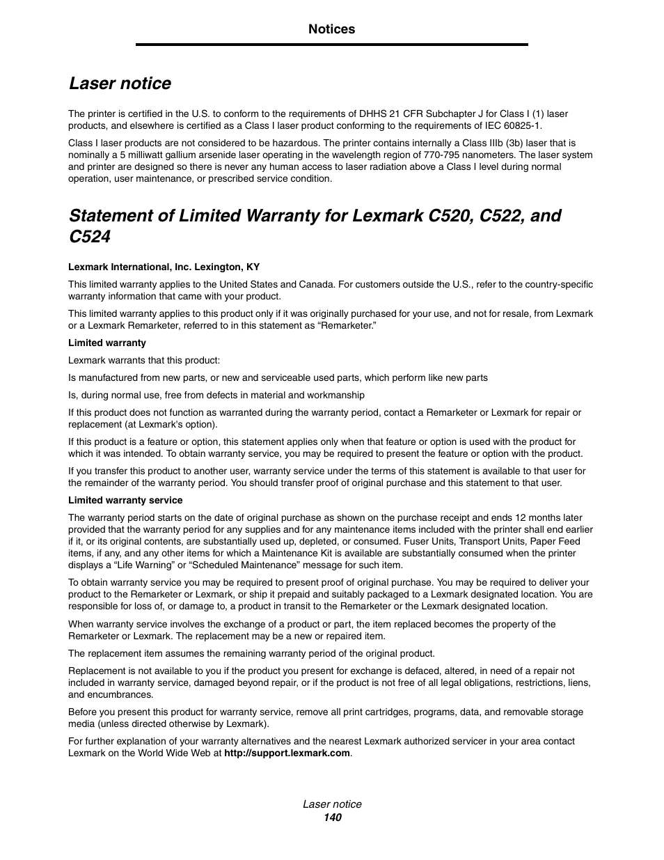 Laser notice | Lexmark C522 User Manual | Page 140 / 146