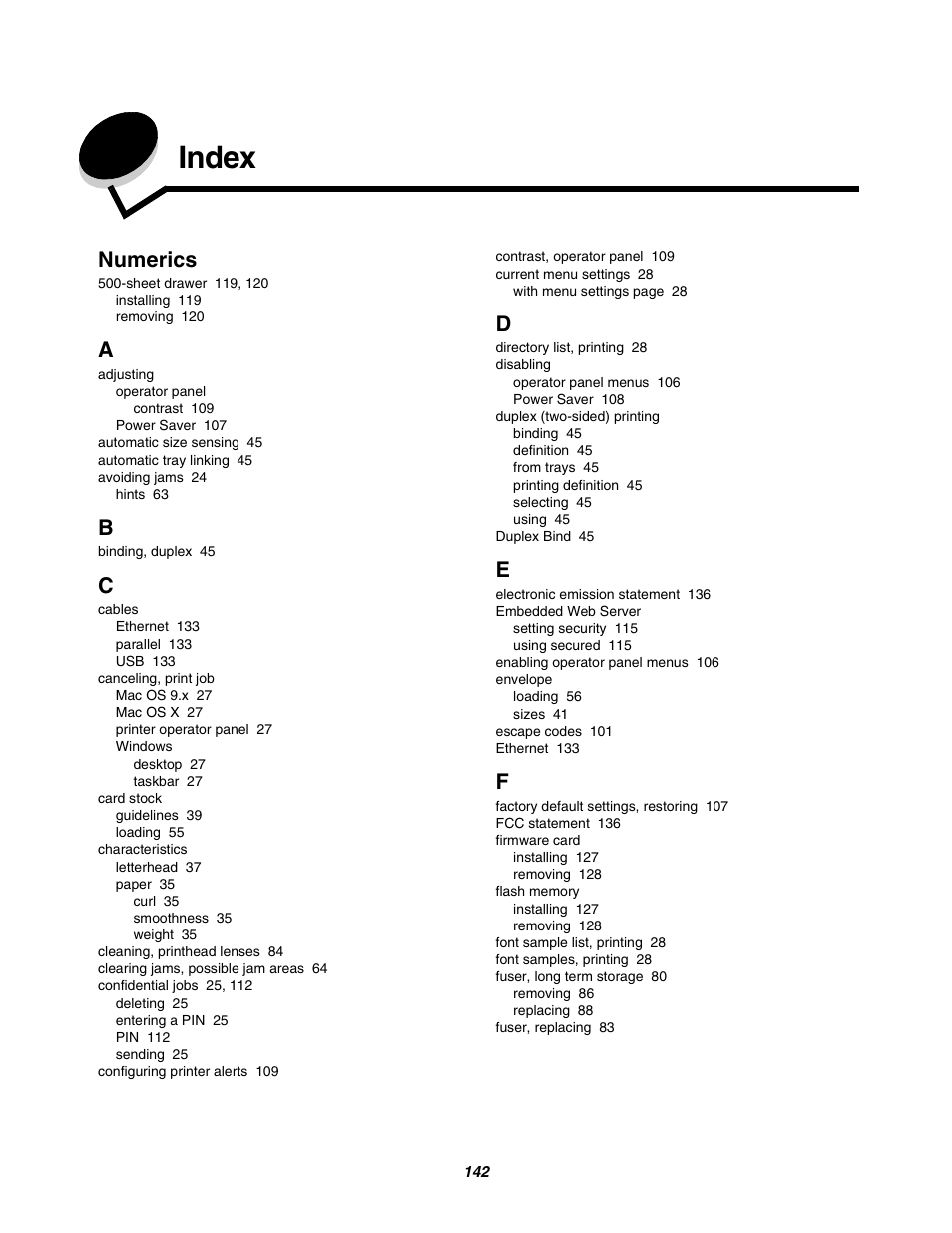 Index, Numerics | Lexmark C522 User Manual | Page 142 / 146