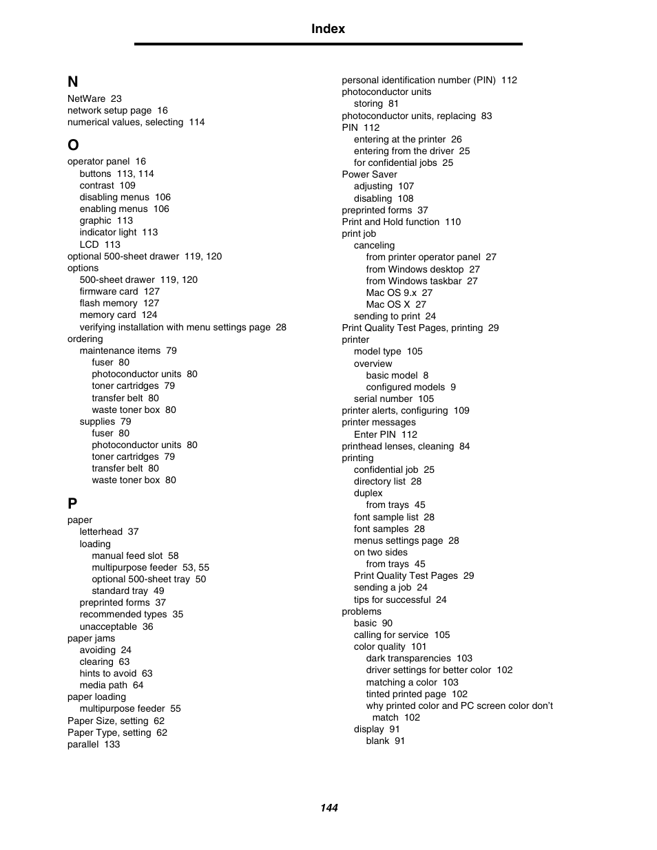Index | Lexmark C522 User Manual | Page 144 / 146