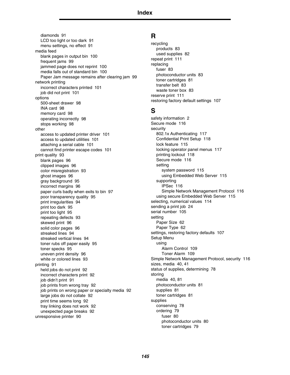 Index | Lexmark C522 User Manual | Page 145 / 146
