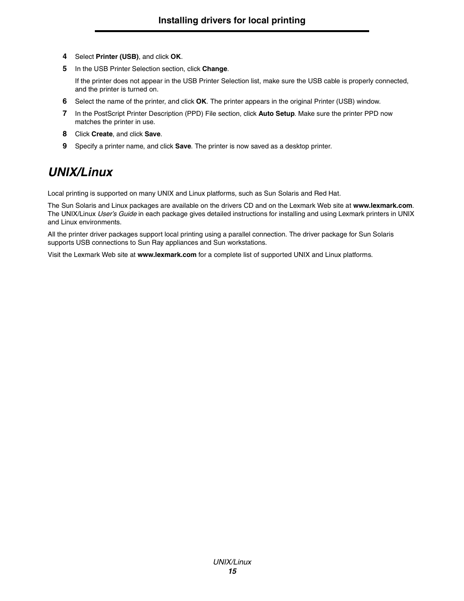 Unix/linux | Lexmark C522 User Manual | Page 15 / 146