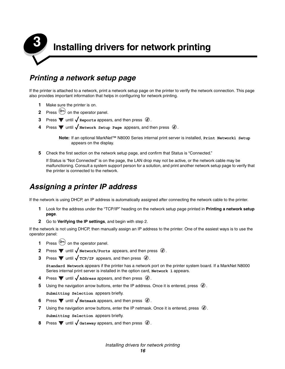 Installing drivers for network printing, Assigning a printer ip address, Chapter 3: installing drivers for network printing | Printing a network setup page | Lexmark C522 User Manual | Page 16 / 146