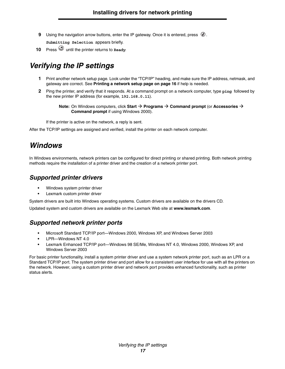 Verifying the ip settings, Windows, Supported printer drivers | Supported network printer ports | Lexmark C522 User Manual | Page 17 / 146
